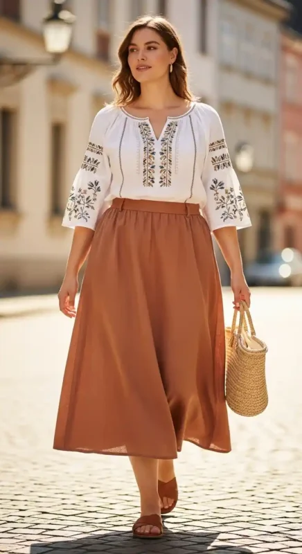 Long Skirt with Embroidered Blouse