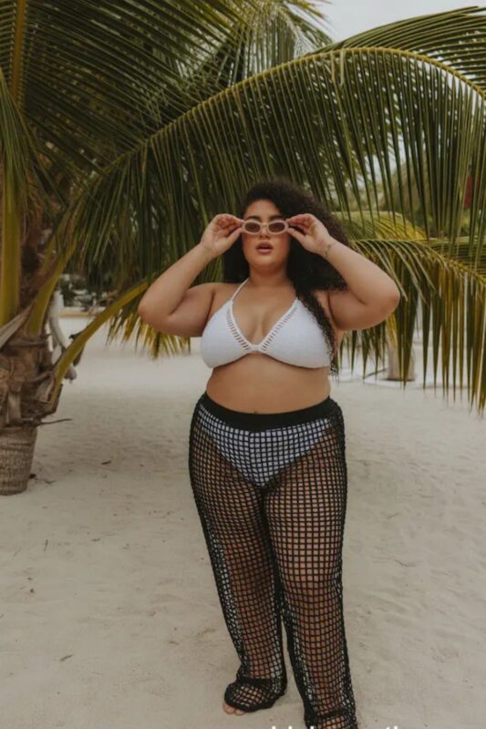 White Crochet Bikini Top and Black Mesh Beach Pants