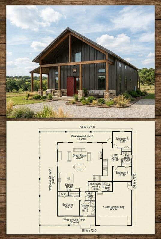 3-Bedroom Barndominium Plan