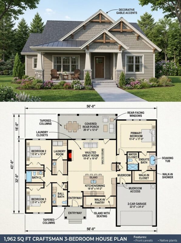 Craftsman 3-Bedroom Plan