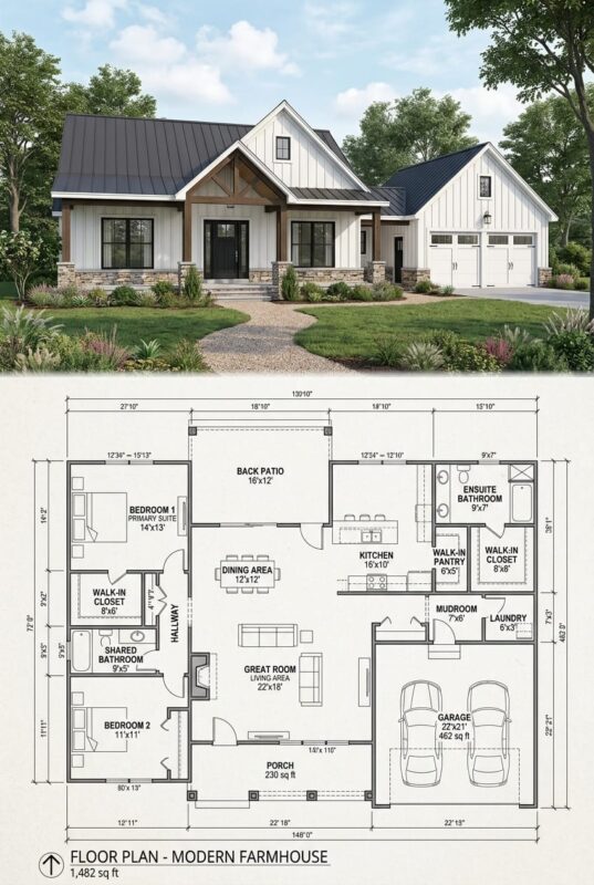 Modern 2-Bedroom Farmhouse with Garage