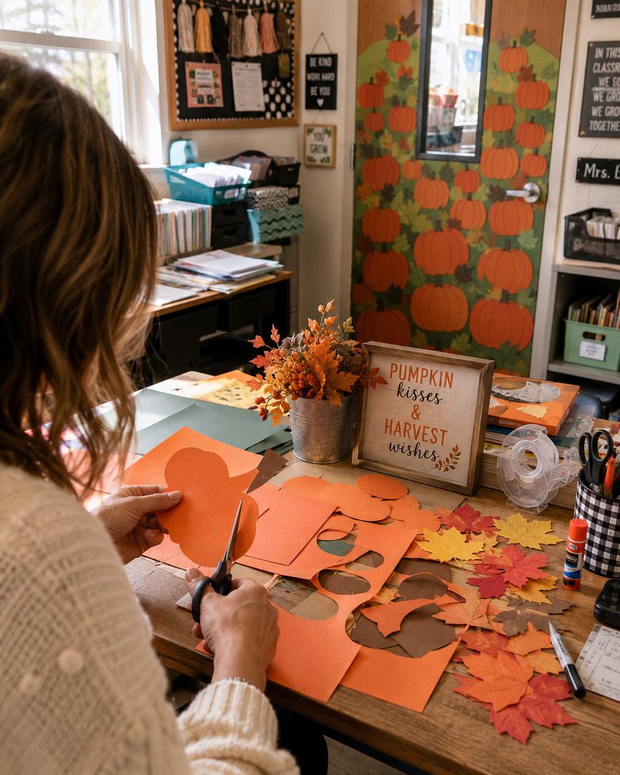 A lady decorating classroom door for fall